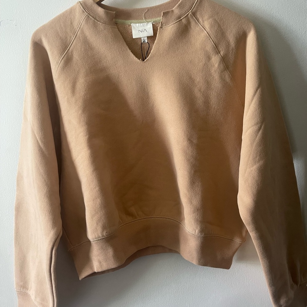 Tan Cropped Crew Neck Sweat shirt with Soft Knit Texture and Relaxed Fit